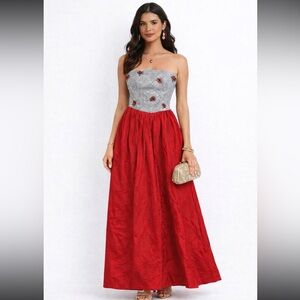 Vtg L.O.L Y2K Red Taffeta Maxi Formal Dress Silver Sequin Strapless Womens 3/4